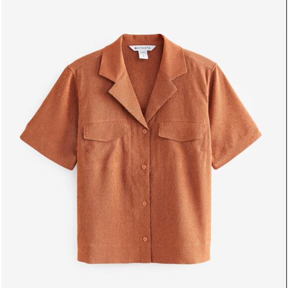 Athleta Echo Top WMNS M Orange Brown Striped Button Up Short Sleeve Breathable - Picture 2 of 10